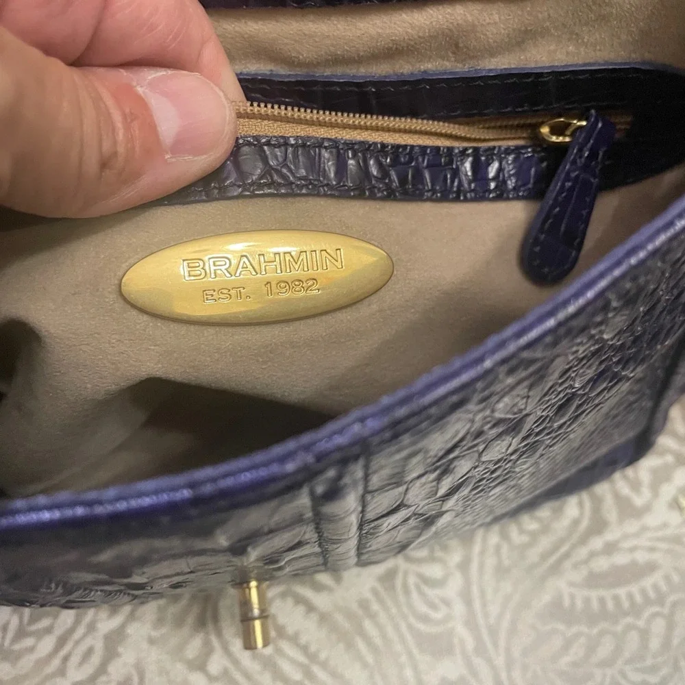 Brahmin Purple Croc Embossed Leather Crossbody Bag Turn Lock Gold Hardware
